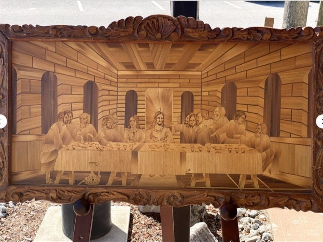 "Last Supper" Folk Art Palm Leaf W/Hand Carved Wooden Frame Detail is amazing!