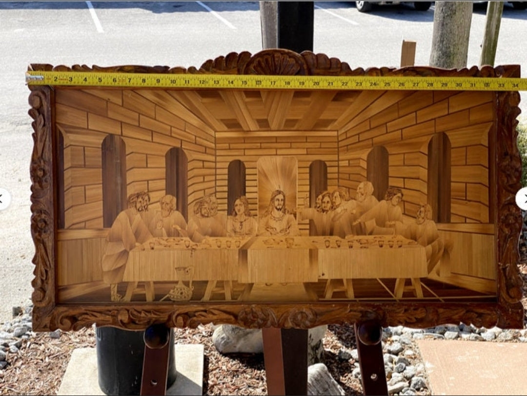 "Last Supper" Folk Art Palm Leaf W/Hand Carved Wooden Frame Detail is amazing!
