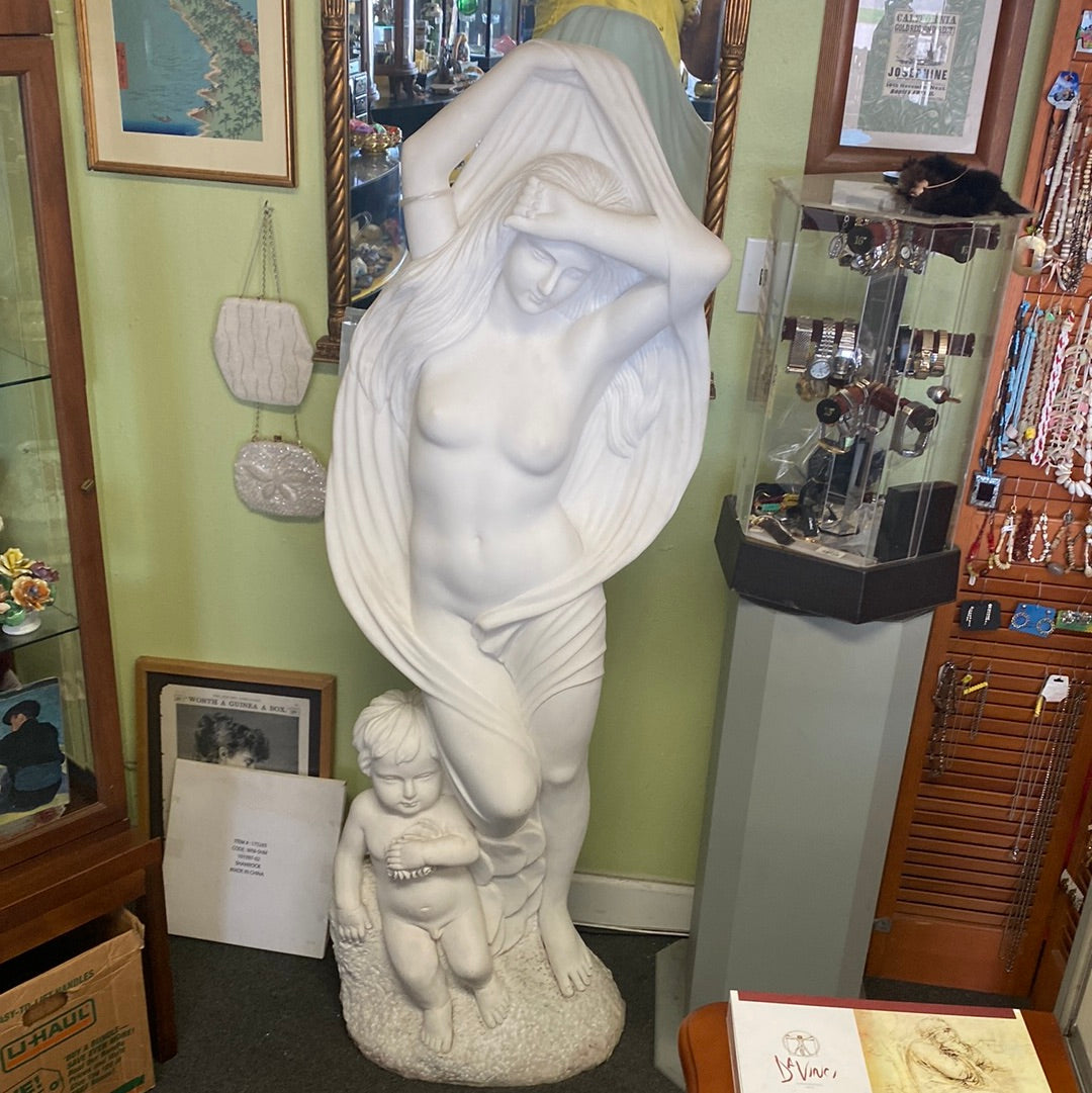 Alabaster hand carved afro, TD goddess with male cherub angel statue from Italy